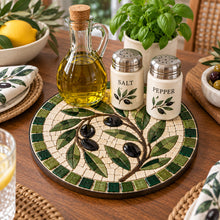 Load image into Gallery viewer, Olive Branch Round Mosaic Trivet Backer Laser-Printed w/cork